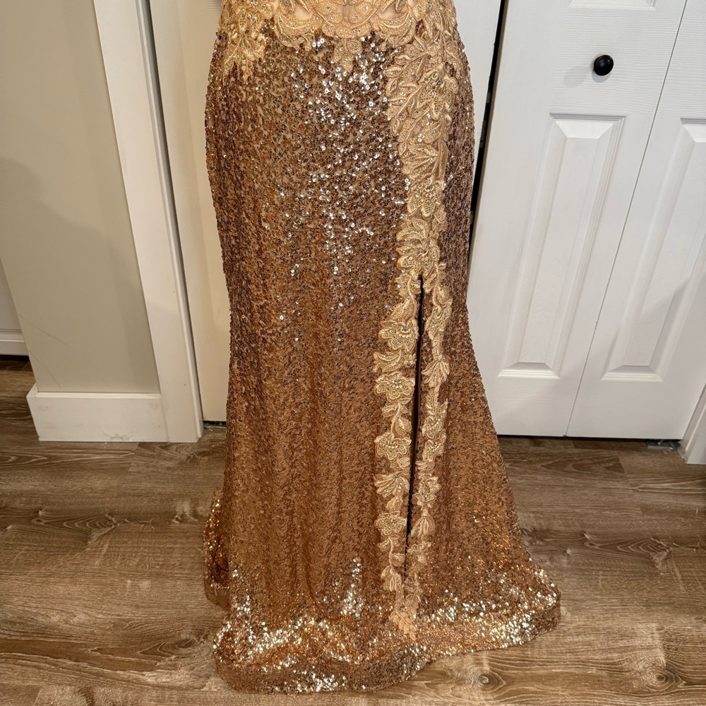 Colette by Daphne, Gold Lace and Sequence with Shear Bodice/ High Slit, Size  10 - Picture 8 of 17